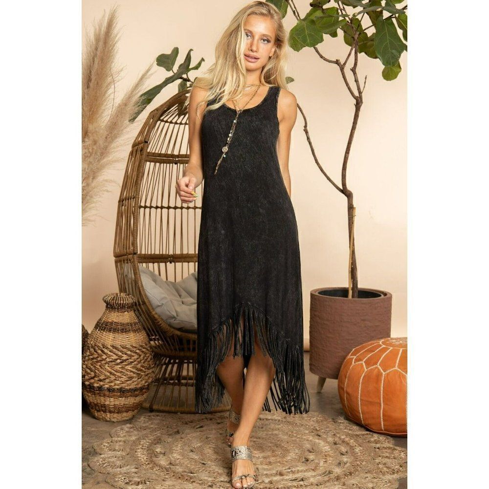 Blue Buttercup Mineral Washed Black Fringe Midi Dress New S-L KD81386 - Picture 3 of 6